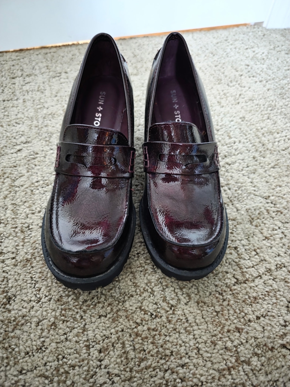 Sun + Stone Patent Burgundy Penny Loafers